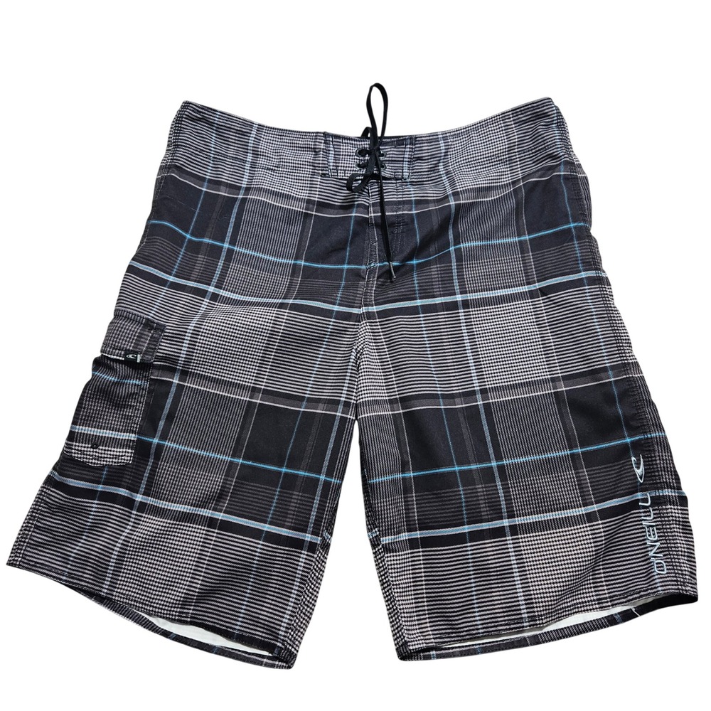 ONeill Mens Plaid Board Shorts Black White Blue Cargo Pocket Size 36‎ 14106702